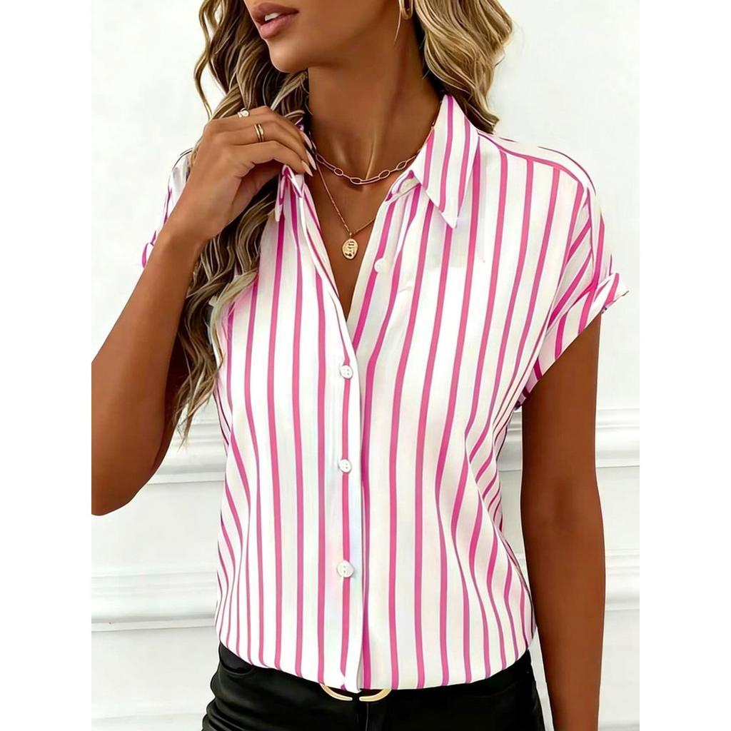 Nuova Blusa a Maniche Cadenti a Strisce con Bottoni da Donna per l'Estate