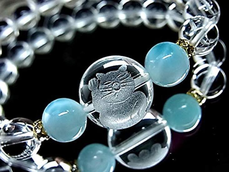 no Beckoning Cat Crystal Larimar Lucky Brings Happiness and Good Natural Stone Power Stone Playful Bracelet 21 C55 [Neko Yume] Charm, Fortune, Women's