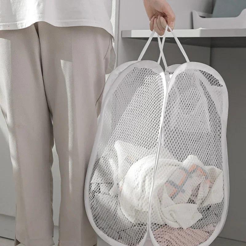 Portable Mesh Pop Up Laundry Hamper Wide Opening Breathable Collapsible Space-Saving Laundry Basket Dorm Travel Bathroom Items
