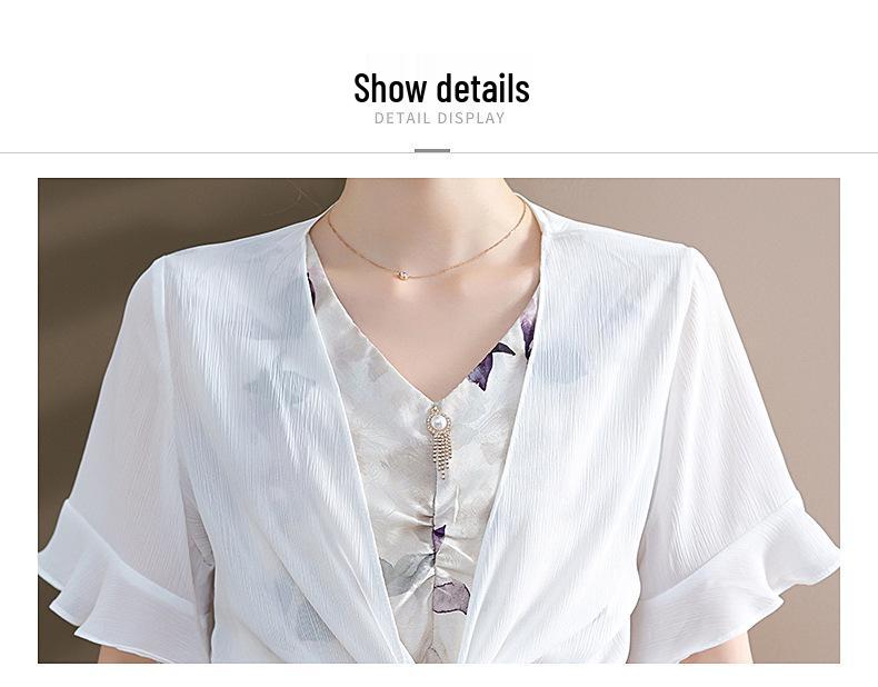 2026 Summer Fashion Chiffon Two-Piece Skirt Set for Middle-Aged & Elderly Women - Short Sleeve Dress