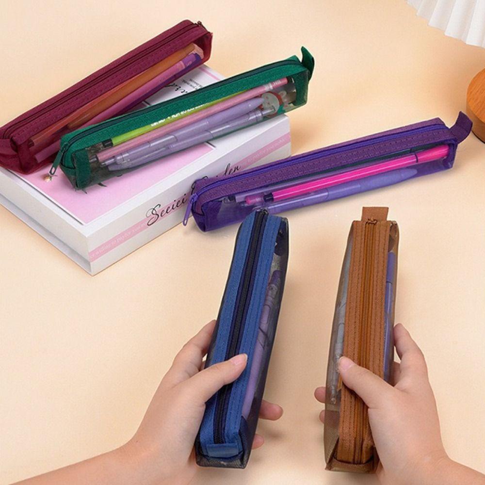 5Pcs Mini Mesh Pencil Case Casual Pen Organizer Zipper Stationery Pouch School Office Supplies