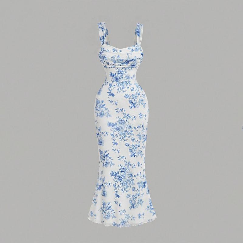 Damen Sexy Blumendruck Spaghettiträger Hohe Taille Bodycon Langes Kleid