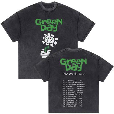 Washed Vintage Punk Band Green Day  World Tour T Shirts Men Retro Gothic Rock Tshirt Male Cotton Casual Oversized Tshirts