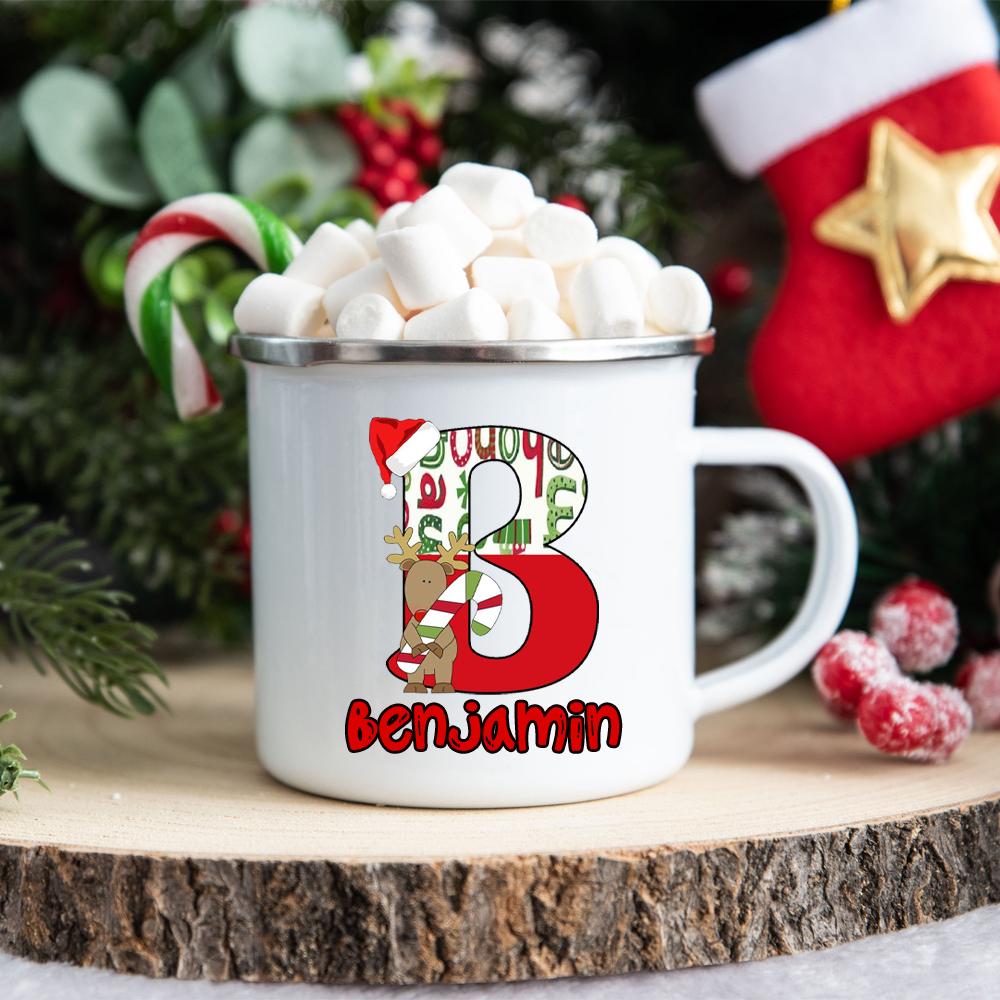 Personlized Reindeer Initial with Name Enamel Cups Christmas Hot Cocoa Chocolate Mug Drink Jiuce Mugs Christmas Gifts for Kids