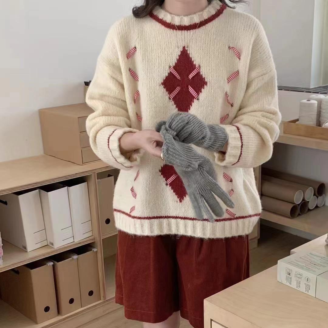 

DAFIFY Женская мода повседневная осень-зима ромбовидный узор с длинным рукавом и круглым вырезом свитера One Size