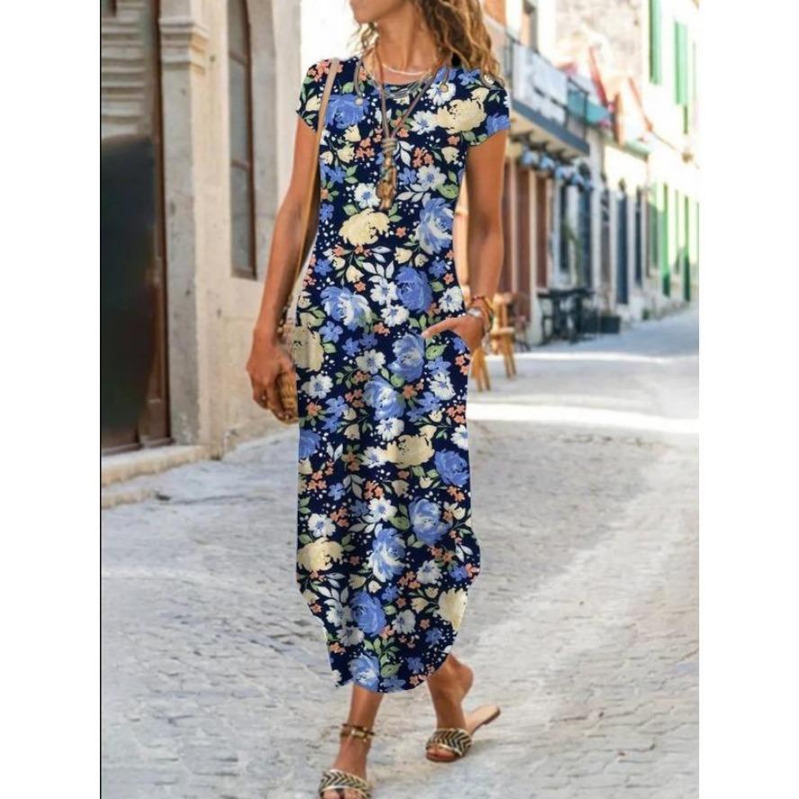 YYFS Women's Fashion Summer Spring Flower Pattern Print Short Sleeve O-Neck Loose Waistline Casual Dresses