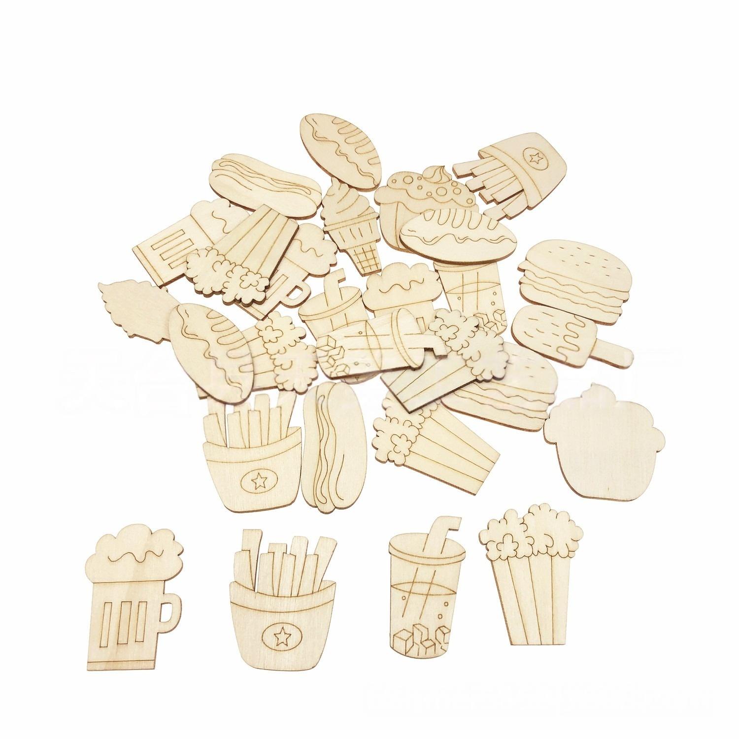 

50pcs Random Cupcake Hot Dog Popcorn Wood Cutouts Unfinished Dessert Drink Food Theme Wooden Cutouts for Crafts Painting About 40mm