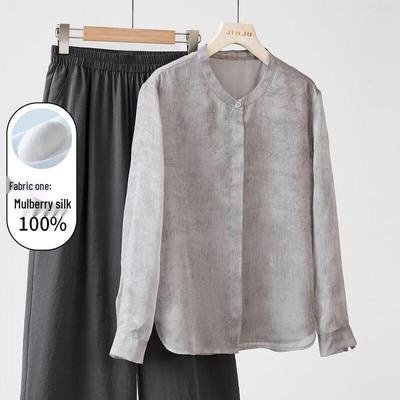 Golden Chrysanthemum Women's New Chinese Style Mulberry Silk Long Sleeve Shirt