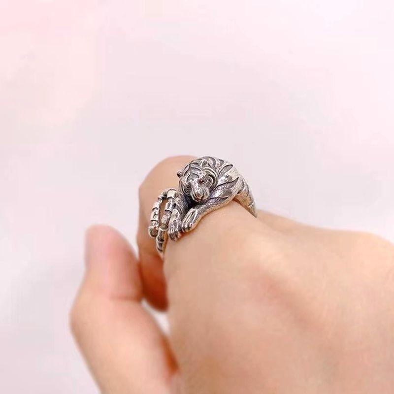 Year of the Tiger, Zodiac Year, Little Tiger Open Ring, Men's Retro Zodiac Tail Ring