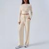 Women Long Sleeve Top Solid Drawstring Wide Leg Casual Pants Two Piece Set