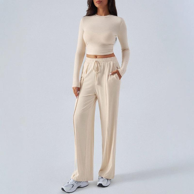 Women Long Sleeve Top Solid Drawstring Wide Leg Casual Pants Two Piece Set