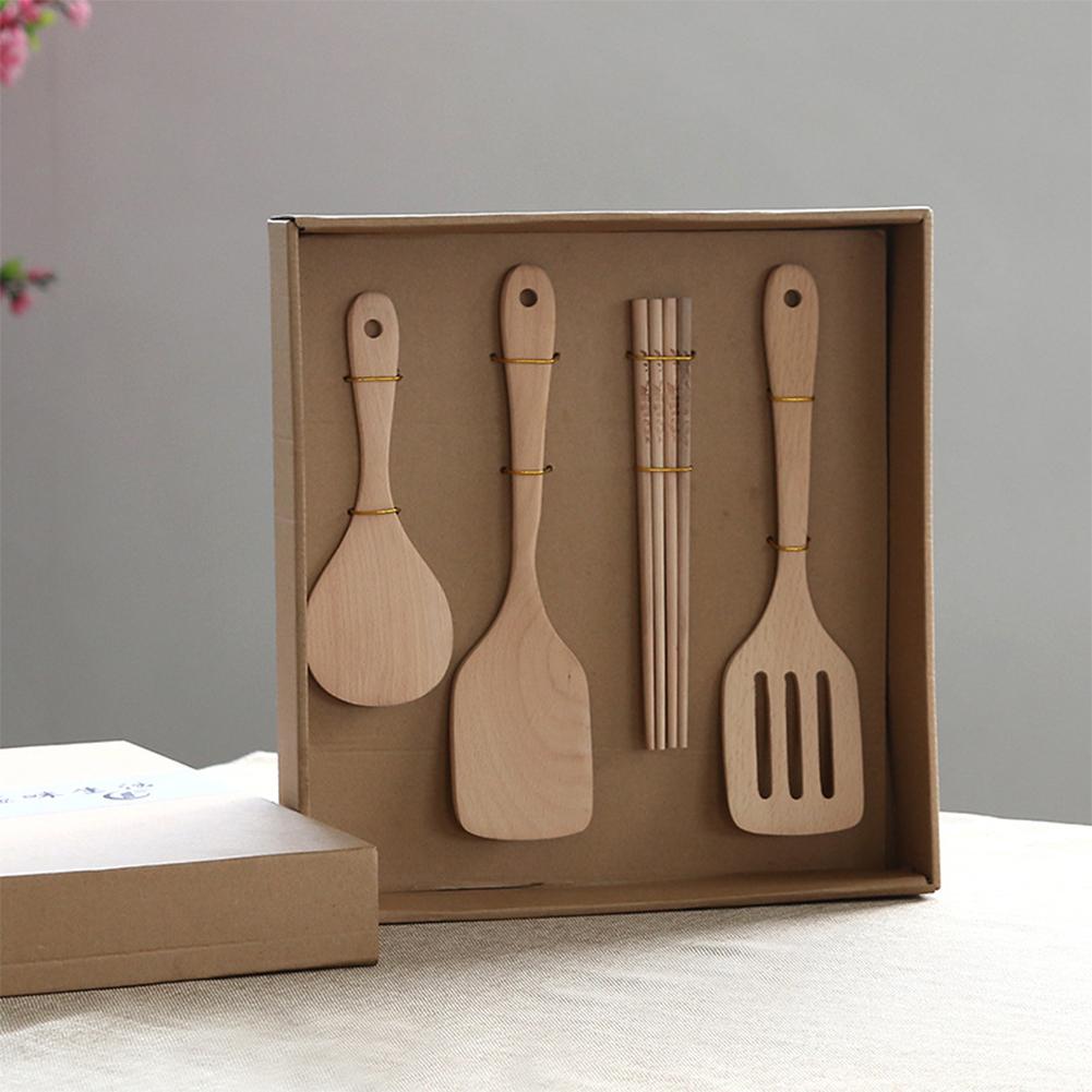 4Pcs/Set Natural Beech Wood Kitchen Utensils Cooking Spoons Scoop Set Suit oneFour-piece set