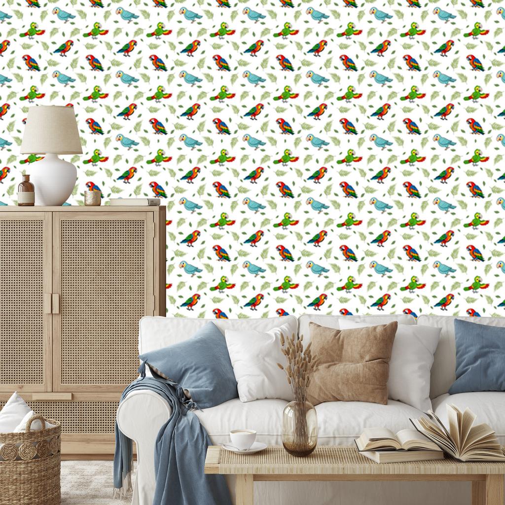 Parrot Wallpaper White, Lime and Light Gray for Living Room and Bedroom 50x1000