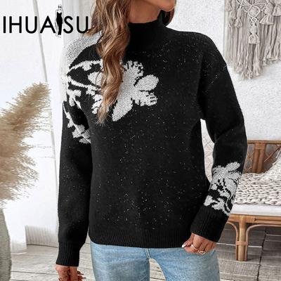 Herbst und Winter Strickwaren Damen Hoher Hals Mode Kollision Jacquard Pullover Jumper