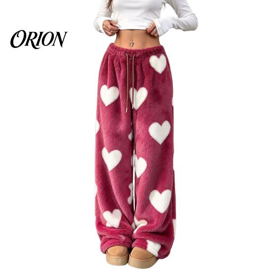 Soft Drawstring Sleeping Trousers Women Fuzzy Pants, Heart Print Wide Leg Pajama Bottoms with Elastic Cozy Winter Home Pants Waist Drawstring,