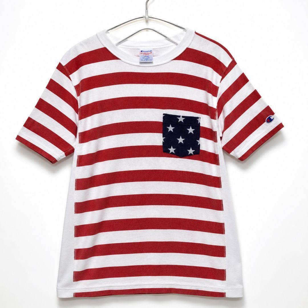 Used Champion Reverse Weave T-Shirt Border Stars and Stripes Pocket T L