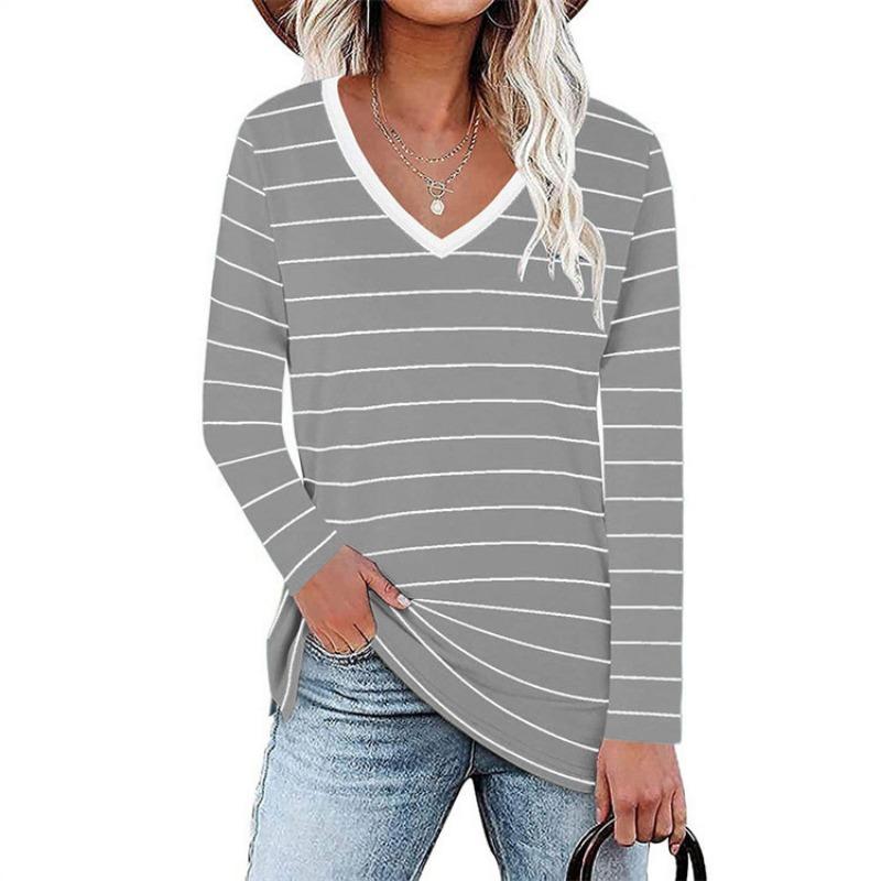 Frühlings-Langarmmode mit V-Ausschnitt und Streifen-T-Shirt-Oberteil für trendiges Damenhemd
