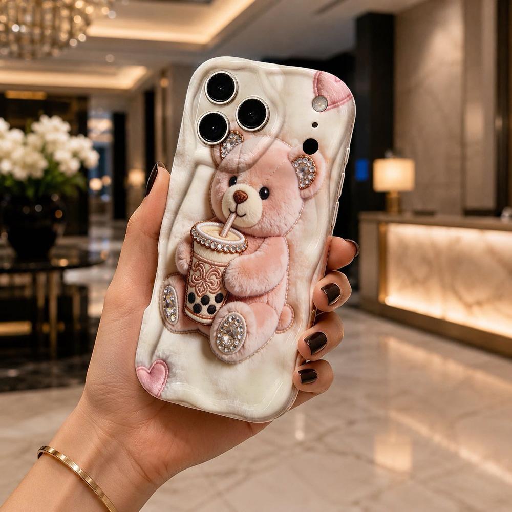 Embroidery Pink Bear Boba Milk Tea Wavy Edge Phone Case For iPhone 17 16 15 14 13 12 11 8 7 Plus Pro Max Cute 3D Cover