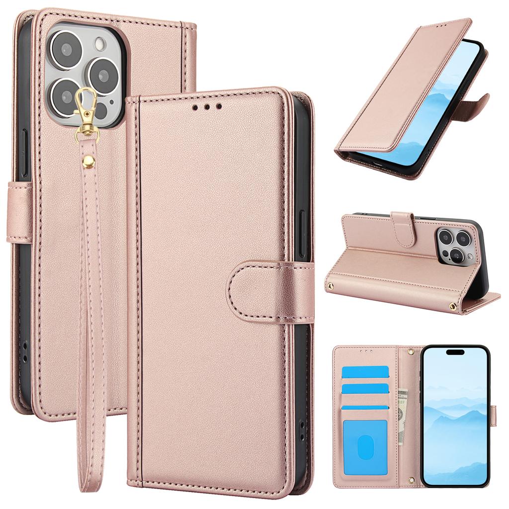 SY-003 For iPhone 15 Pro Max Case PU Leather Stand View Phone Wallet Cover with Hand Strap