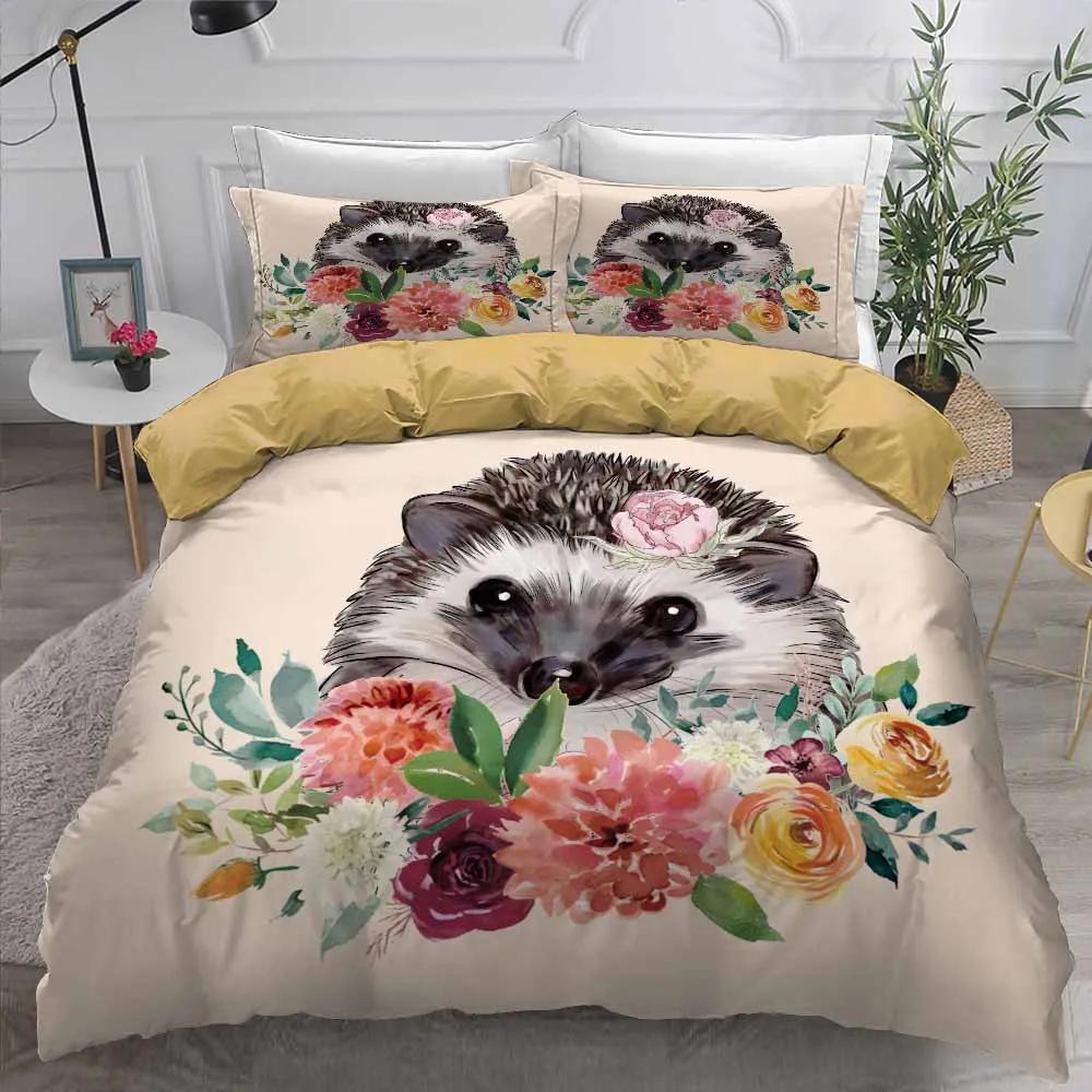 Printed Flower Hedgehog Duvet Cover Set Super Soft Comfortable 100% Polyester Bedding Set Cute Cartoon Kids Bed Linens Girl Boy