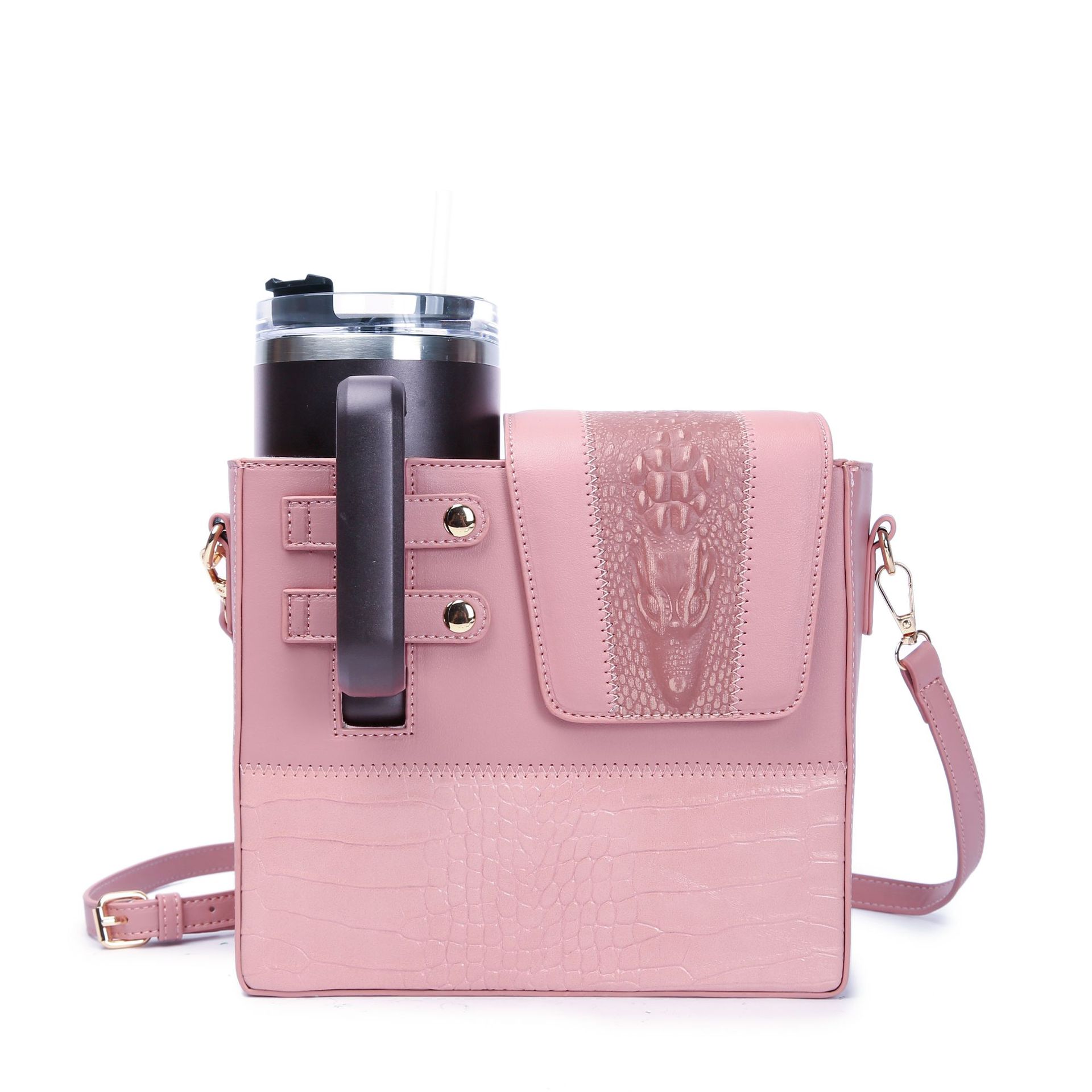 Outdoor Convenient Beverage Bottle Crocodile Pattern Water Cup Bag Universal Large Insulated Cup Cover Single Shoulder Crossbody Storage Commuter Bag