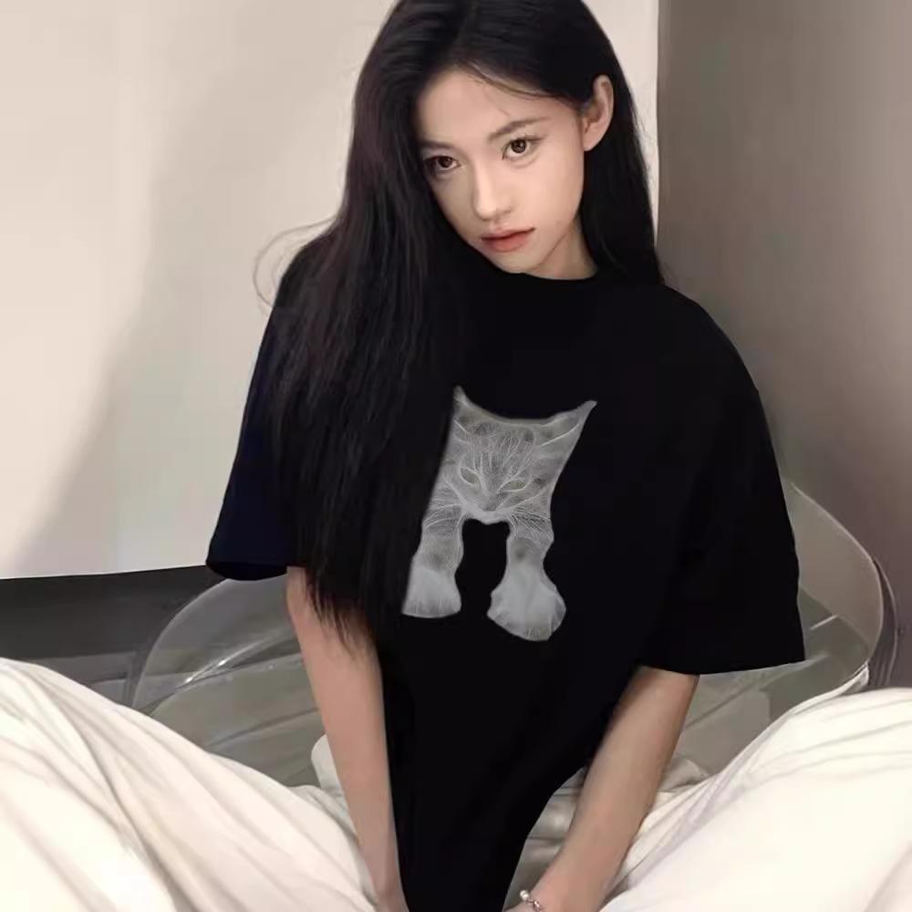 Large size pure cotton American front shoulder short-sleeved t-shirt women's summer niche design sense high street loose top and clothing ins trendy