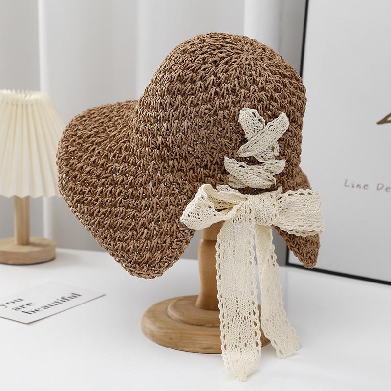 

Women Hats 2026 Summer Foldable Wide-brimmed Bow-knotted Lace Frilly Straw Hat Stylish Versatile Sun Protection Beach Sun Hat кавовий