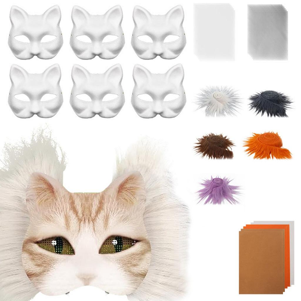 Lustiges Therianer Masken-Set Katzen Füchse Maske mit Fellen Augennetzen DIY Pelzige Tiermaske zum Bemalen für Halloween Cosplay Party