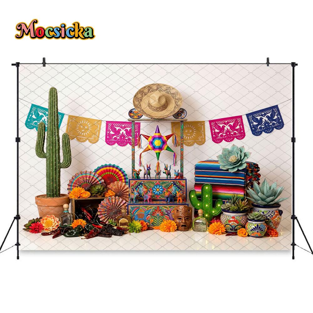 Mocsicka Sfondo Fiesta Messicana Fotografia Cactus Pignatta Papel Picado Sfondo Festa Taco Shooting Compleanno Bambini Studio