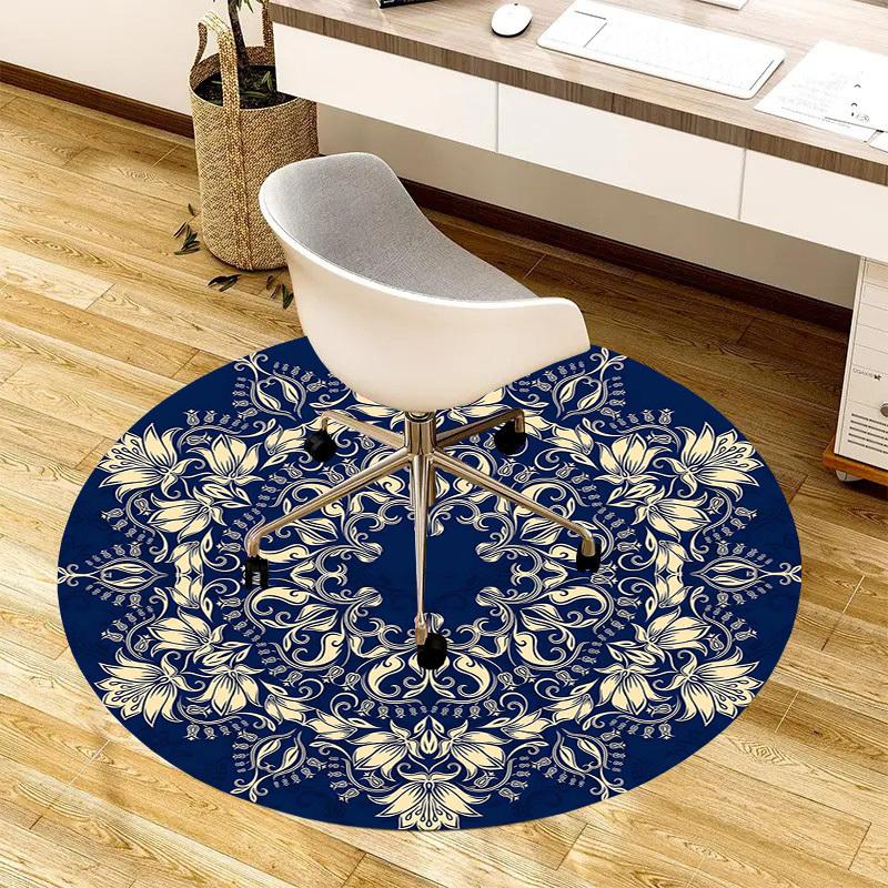 1pc Blue and Gold Floral Mandala Pattern Round carpet, Made of Polyester,Perfect for Decorating Office Chairs, Living Rooms,Vibrant Decorative Rug