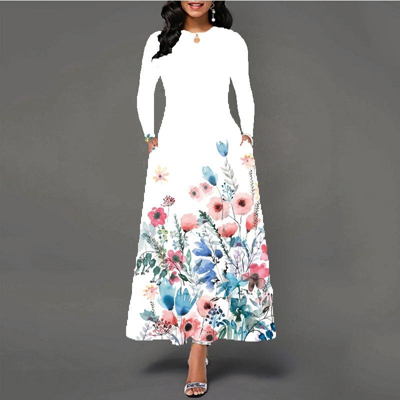 Women's large-size dress digital printing long-sleeved pendulum D temperament elegant