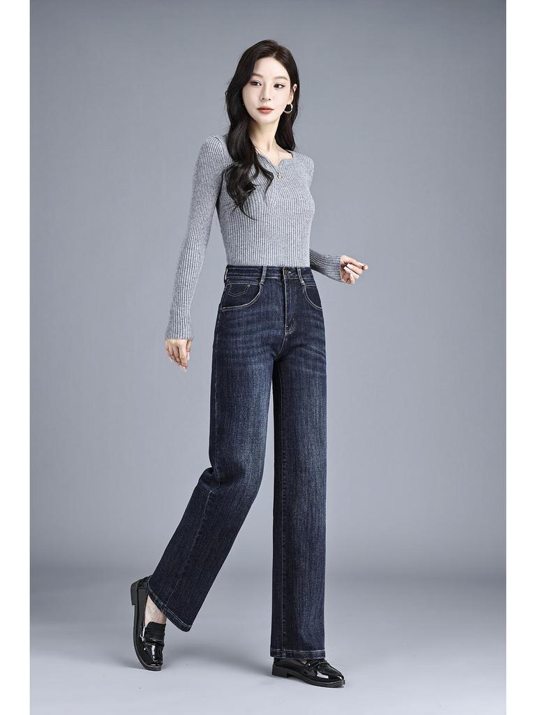 High Waist Stretch Straight Leg Plus Size Jeans for Middle-Aged Women, Slim Fit, Wide Leg, Mom Pants, Autumn/Winter 2025