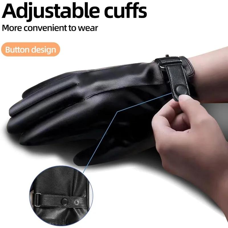 Winter Gloves For Men Genuine Leather Gloves Warm Plus Velvet Touch Screen Gloves Outdoor Cycling Driving Motorcycle Pu Gloves
