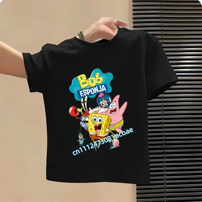 2026 SpongeBob Summer Tshirt for Children  100 Cotton ShortSleeved Boys Sport Shirt  Girls Casual Top with Cartoon Print