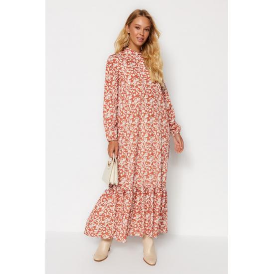 Fusta cu jumătate de guler cu flori portocalii Rochie cu volan lat