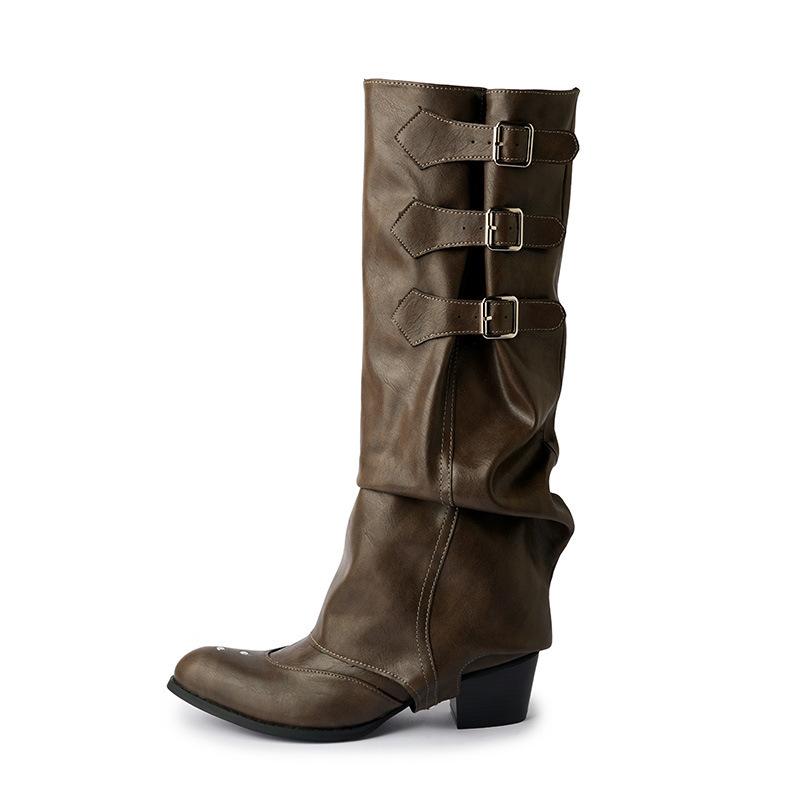 Spice Girl Pants Boots Colored Retro Pile Boots Rivet Pointed Tall Locomotive Boots Medium Heel Boots