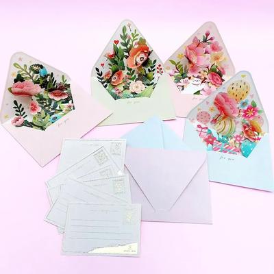 Romantic Flower Birthday Christmas Card 3D Pop-up Paper Flowers Postcard with Envelope Valentines