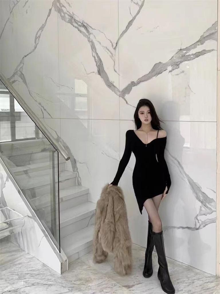 Black Collar Dew Temperament Suspender New Thin Irregular Short Skirt Long Sleeve Spice Girl Bottoming Waist Skirt Dress