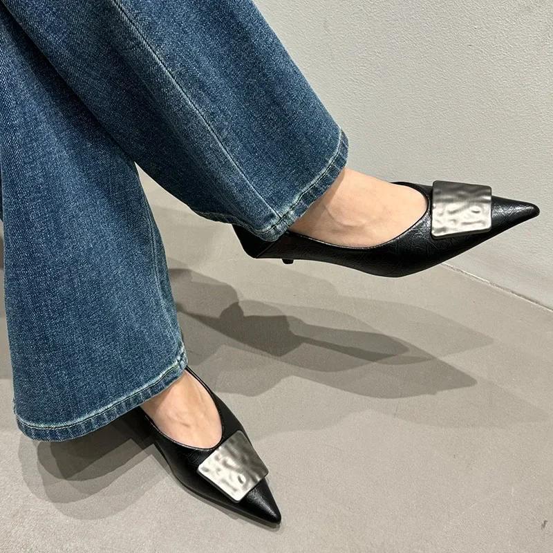 New Brand Fashion Luxury Metal Pointed Toe Fine Heeled Shallow Mouth Women's Shoes Sexy Banquet Dress Wedding High Heels Female