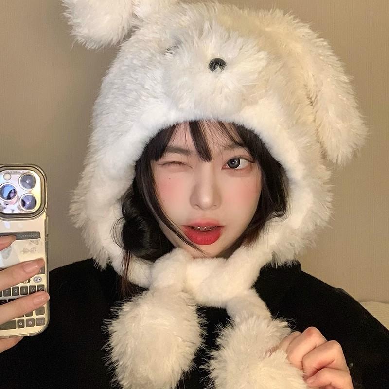 Thickened Plush Hat Female Winter Cute Moving Cartoon Ears Warm Ear Protection Cycling Pullover Hat