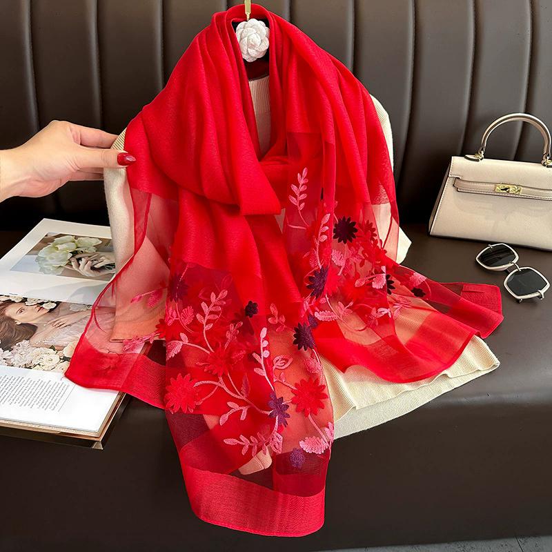Floral Embroidery Elegant Silk Scarf Simulated Silk Soft Thin Shawl Scarf Solid Color 180*70Cm Beach Uv Protection Turban