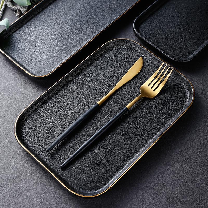 Japanese Frosted Square Plate, Black Crystal Ceramic Rectangular Plate, Creative Western Restaurant Sushi Plate, Home Dish Plate, Steak Plate