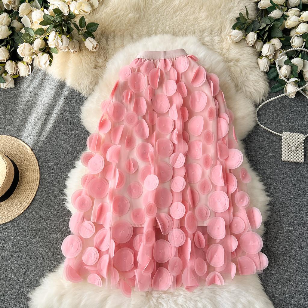 Letní Elegantní 3D Květinová S Vysokým Pasem Puntíky Dlouhá Midi Síťovaná Sukně