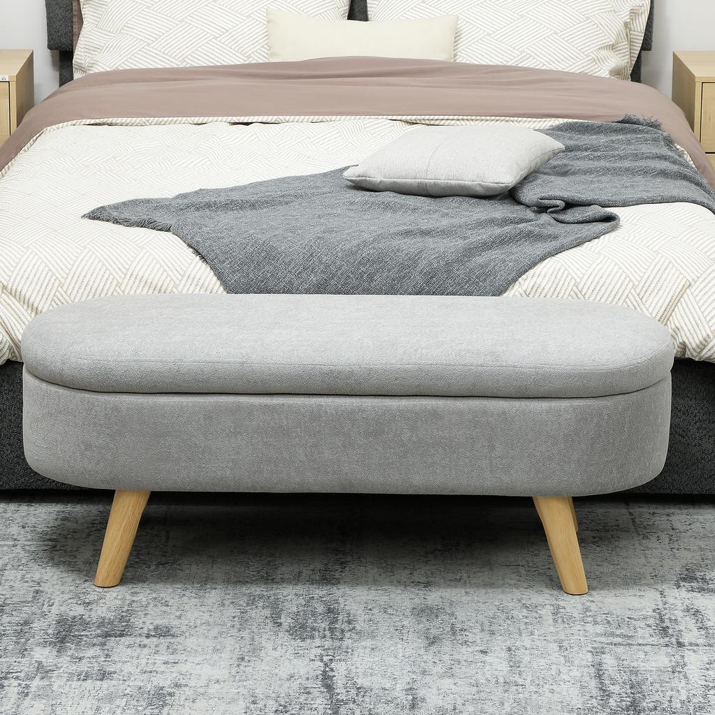 2-in-1 Fabric Storage Bed Bench, Wooden Legs, 110x40x43 cm, Light Grey