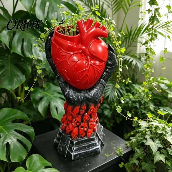 Spooky Theme Room Accessories Hand Holding Human Heart Organ Vase, Gothic Anatomical Shaped Halloween Home Decor Desktop Flower Pot for Living Dining