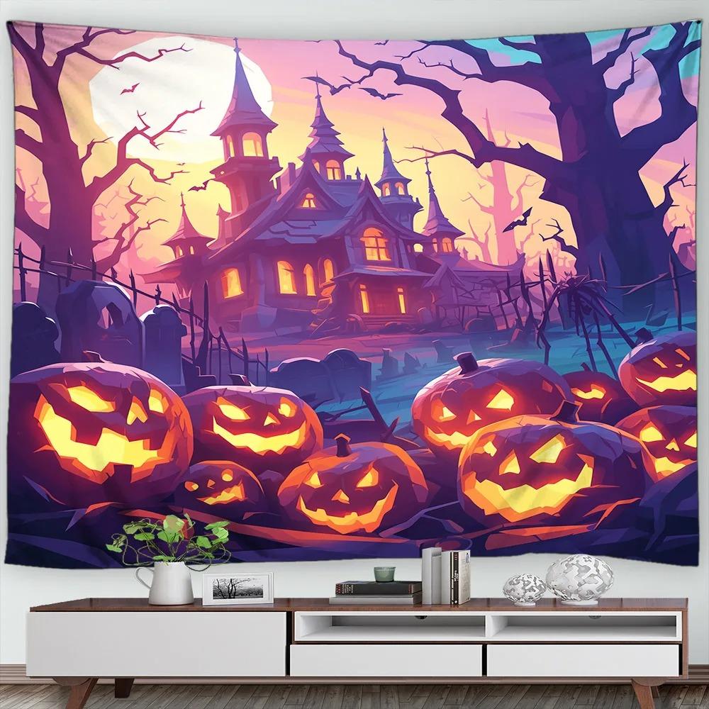 Halloween Decorative Tapestry Pumpkin Lantern Wall Hanging Full Moon Gothic Castle Ghost Bat Tapestry Home Room Decoration