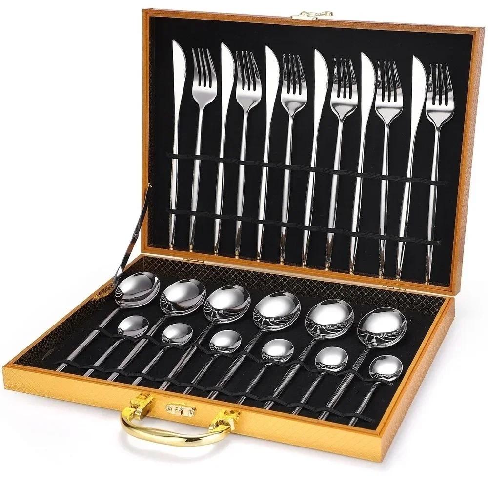24Pcs Stainless Steel Tableware Set Steak Knife Fork Spoon Tableware Hotel Restaurant Tableware Gift Box Set Gift Tableware