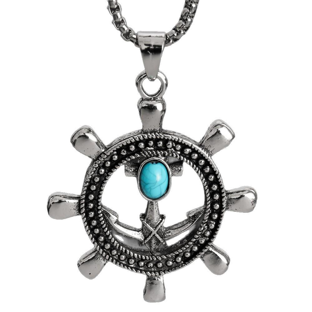 Turquoise Rudder Pendant Necklace Punk Hip-Hop Necklace Retro Anchor Necklace