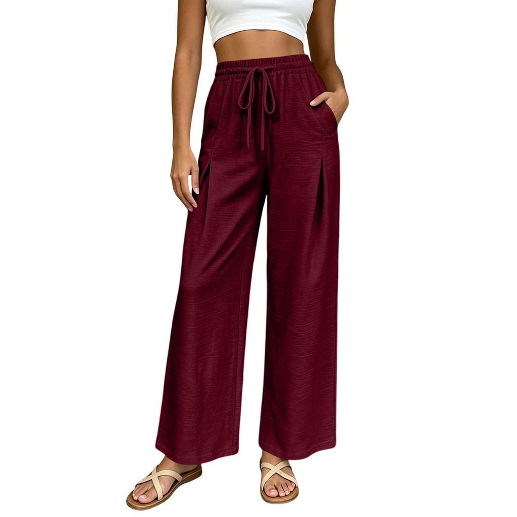 Women High Waist Wide Leg Pants Summer Casual Loose Fit Trousers with Pockets Elastic Waist Drawstring Outdoor Lightweight