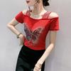 Sexy Damen Einheitslängen Neues Bügel-Diamant-T-Shirt Temperament Mesh-Shirt Raffinierter Schulterfreier Top Sommer